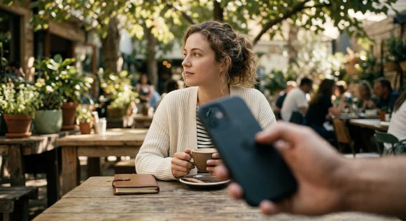 אישה צעירה יושבת בבית קפה באוויר הפתוח עם ספל קפה, בזמן שאדם אחר מצלם אותה באמצעות סמארטפון