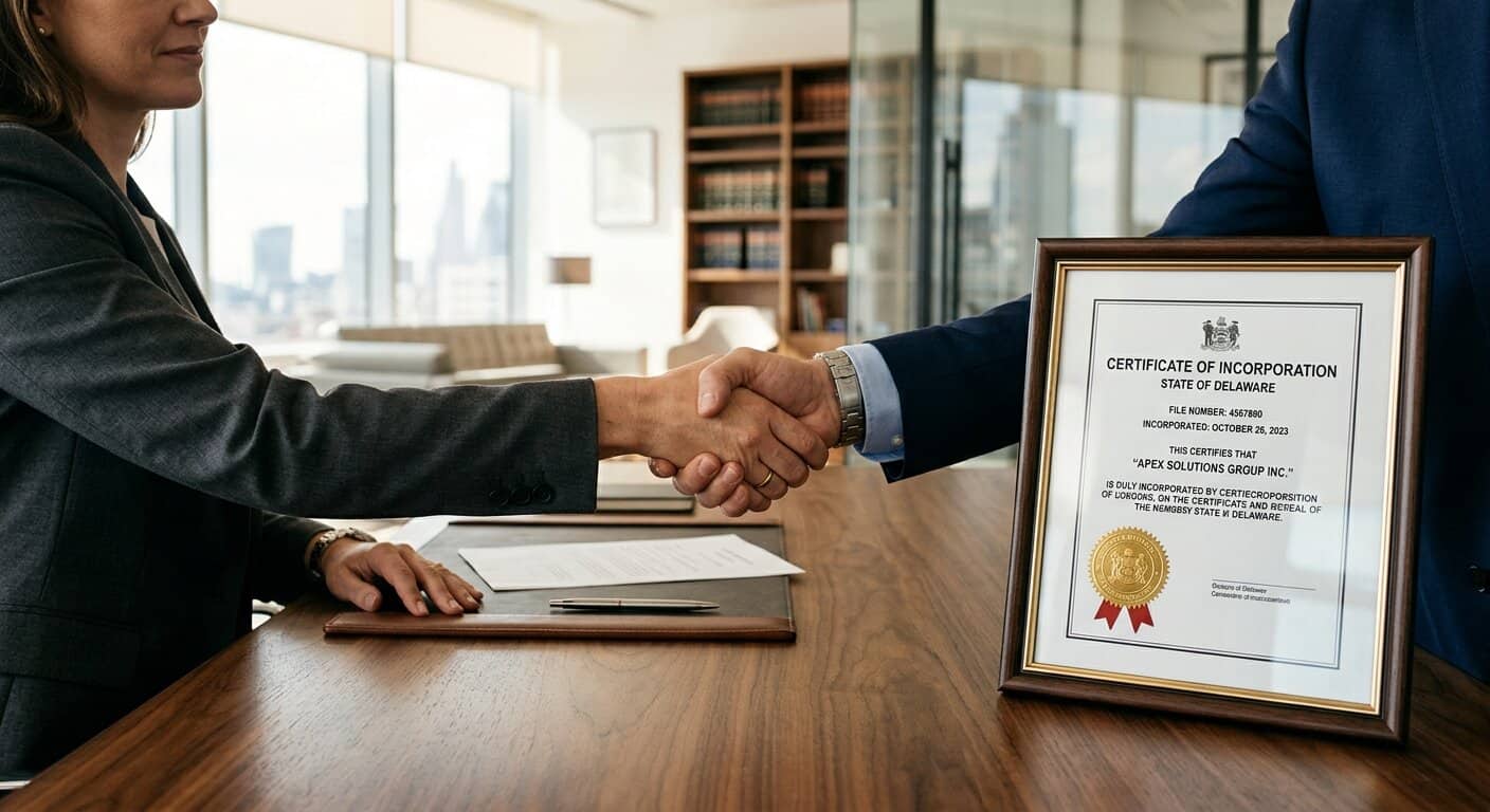 לחיצת ידיים עסקית במשרד לצד תעודת התאגדות ממוסגרת של חברה במדינת דלאוור, ארה"ב