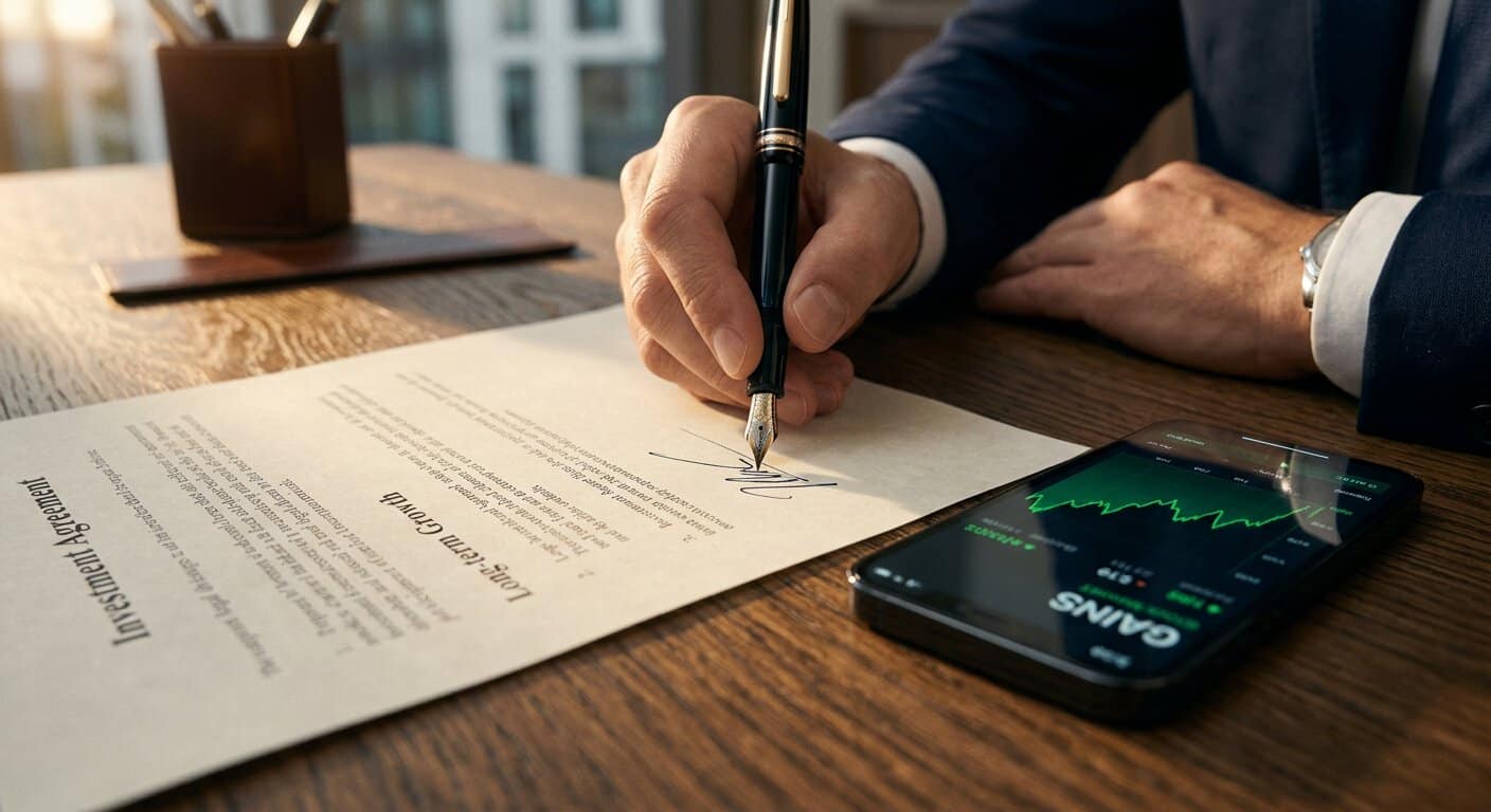 איש עסקים בחליפה חותם על מסמך הסכם השקעה (Investment Agreement) בעזרת עט נובע, כשלצידו על שולחן העץ מונח סמארטפון המציג גרף מניות ירוק ורווחים פיננסיים.